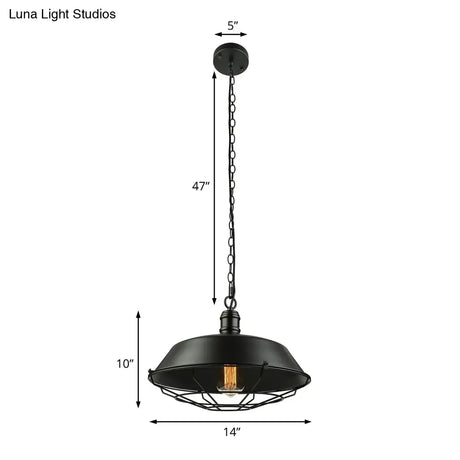 Industrial Black Wire Cage Pendant With Barn Shade - Ceiling Or Dining Table Hanging Fixture