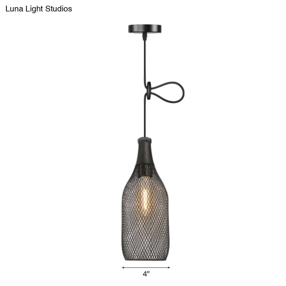 Industrial Black Wire Mesh Pendant Light With Height Adjustable Hanging Lamp For Dining Room