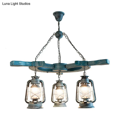 Industrial Blue Pendant Chandelier With Kerosene Clear Glass Shade - 3 Lights For Living Room