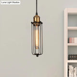 Industrial Brass Finish Tubed Pendant Lighting With Cage Shade - 1 Head Metal Hanging Ceiling Light