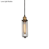 Industrial Brass Finish Tubed Pendant Lighting With Cage Shade - 1 Head Metal Hanging Ceiling Light