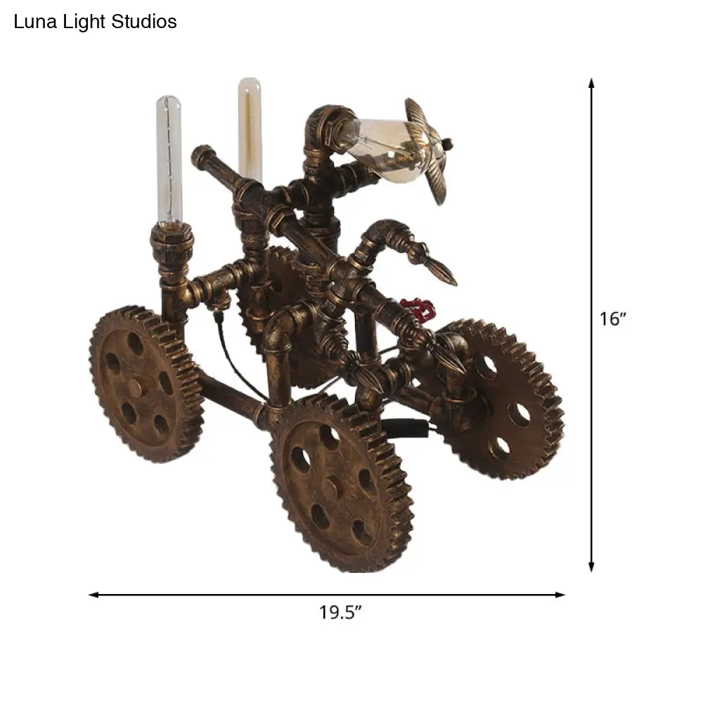 Industrial Brass Finish War Chariot Shaped Table Lamp - 3-Light Iron Nightstand Light With Plug-In