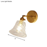 Industrial Brass Wall Sconce Lamp - Flared Clear Swirl Glass Bedroom Lighting