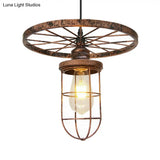 Industrial Bronze Wire Frame Hanging Lamp With Wrought Iron Details And Restaurant Ceiling Mount