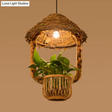 Industrial Brown Rattan Pendant Light For Restaurants - Hut Plant Pot Design