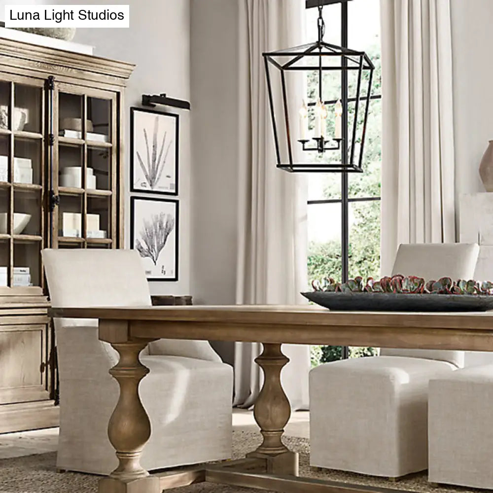 Industrial Cage Pendant Chandelier With Candle-Inspired Design - 4-Light Metal Hanging Light