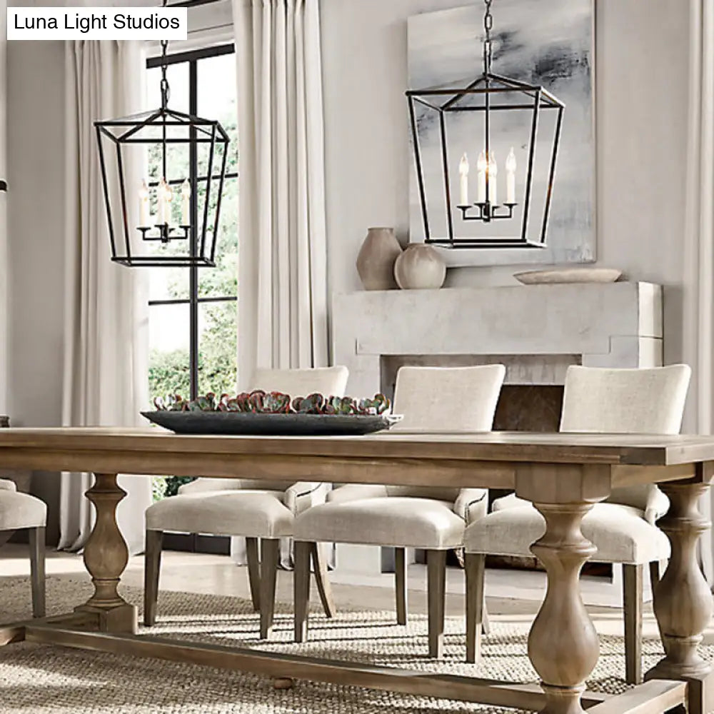 Industrial Cage Pendant Chandelier With Candle-Inspired Design - 4-Light Metal Hanging Light