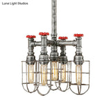Industrial Caged Amber Glass Hanging Chandelier With Silver Valve - 5-Lights Ceiling Light Fixture