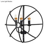 Industrial Circle Caged Wall Sconce Light With Candle Design - 2/3 Lights For Dining Room Black Iron