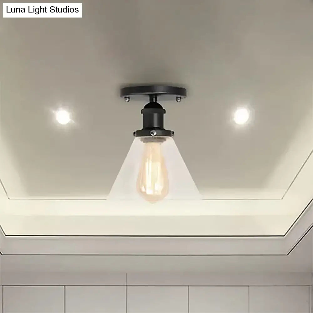 Industrial Clear Glass Ceiling Light In Black/Brass/Copper - Single Bulb Semi Flush Mount