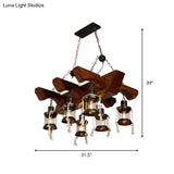 Industrial Clear Glass Chandelier With Wood Accents For Restaurant Ceiling - 4/6 Heads Lantern
