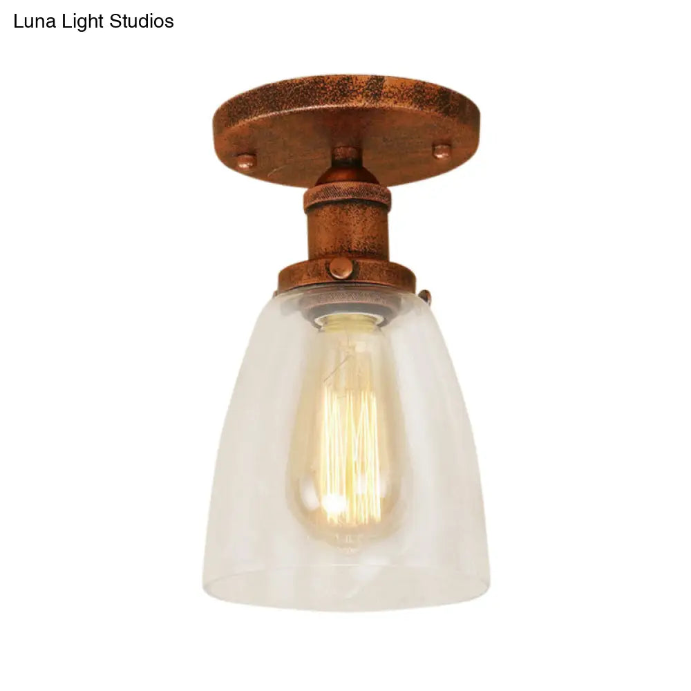 Industrial Clear Glass Conical Semi Flush Light For Foyer - Brass/Copper/Rust Ceiling Mount Fixture