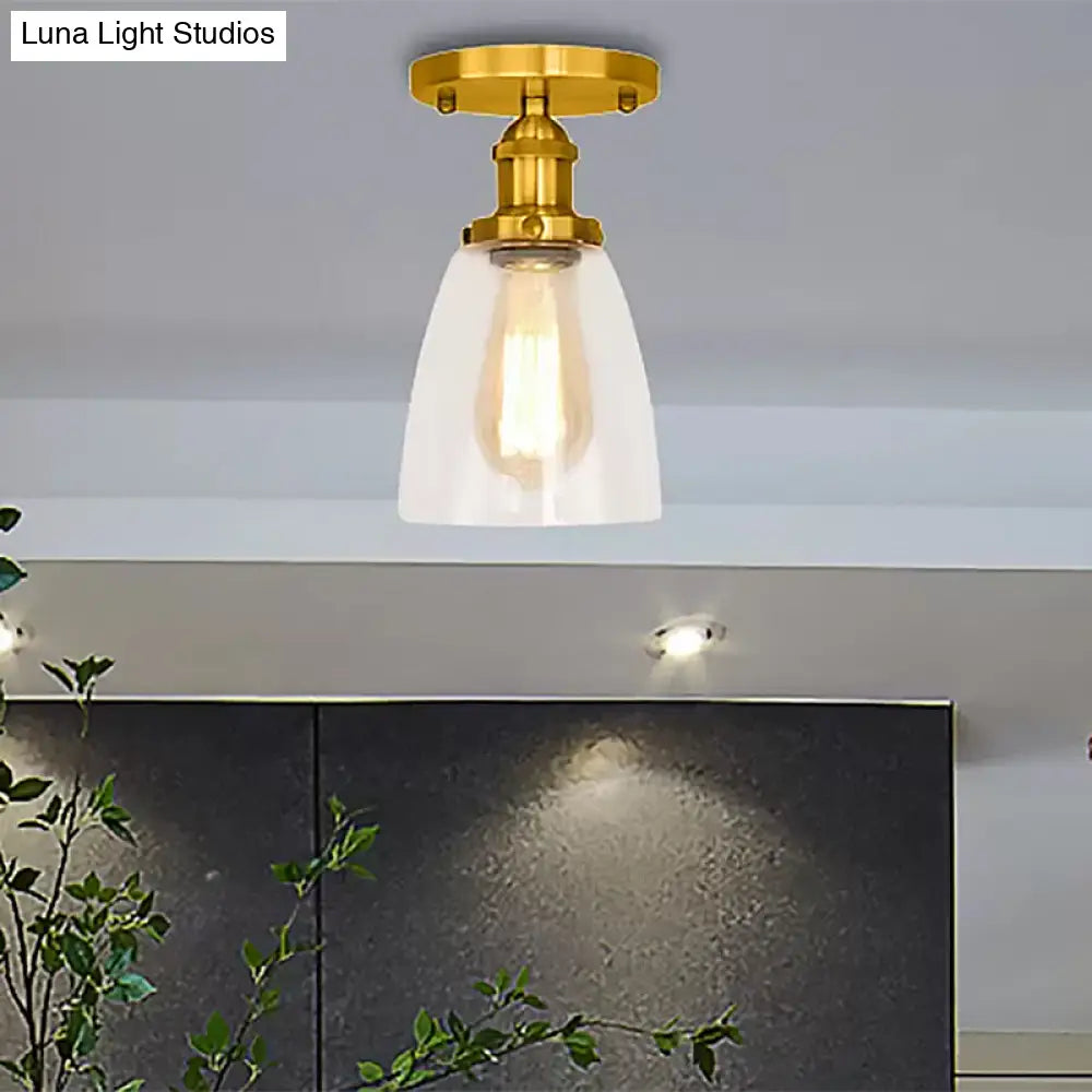 Industrial Clear Glass Conical Semi Flush Light For Foyer - Brass/Copper/Rust Ceiling Mount Fixture
