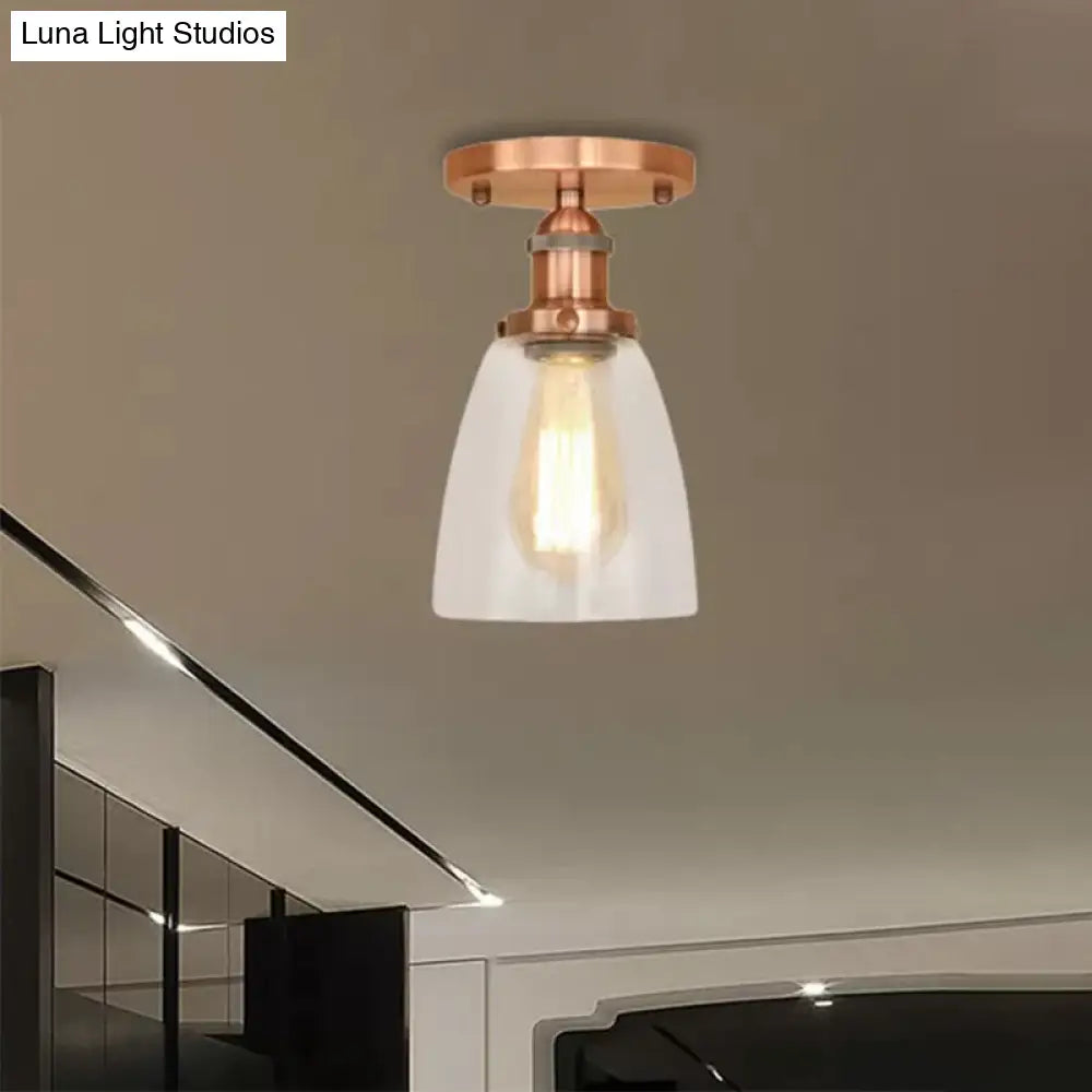 Industrial Clear Glass Conical Semi Flush Light For Foyer - Brass/Copper/Rust Ceiling Mount Fixture
