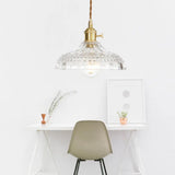 Industrial Clear Glass Saucer/Dome/Prismatic Brass Ceiling Pendant Light For Living Room / Ribbed