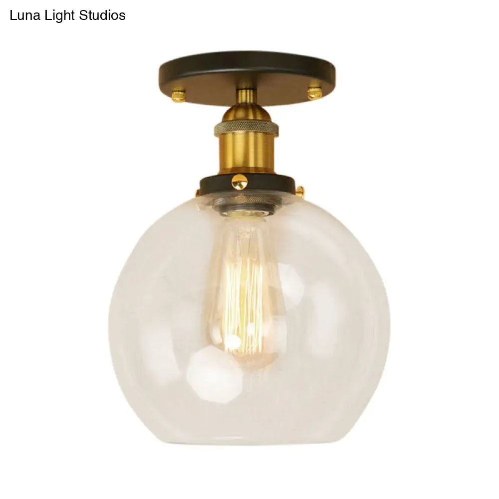 Industrial Clear Glass Spherical Balcony Ceiling Light Fixture – Black/Brass/Copper