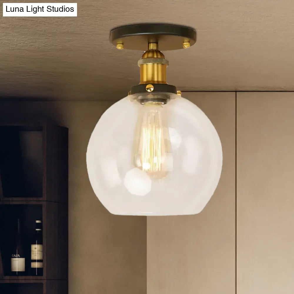 Industrial Clear Glass Spherical Balcony Ceiling Light Fixture – Black/Brass/Copper