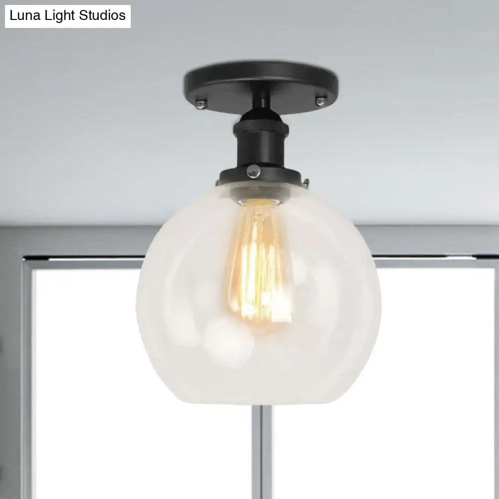Industrial Clear Glass Spherical Balcony Ceiling Light Fixture – Black/Brass/Copper