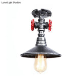 Industrial Cone Semi-Flush Ceiling Light With Red Faucet Valve In Black/Bronze For Bedroom