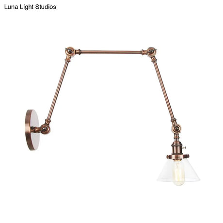 Industrial Conical Clear/Amber Glass Wall Lamp Sconce - Adjustable Arm Black/Bronze/Brass 1 Light 8