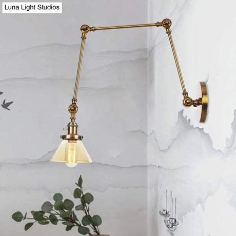 Industrial Conical Clear/Amber Glass Wall Lamp Sconce - Adjustable Arm Black/Bronze/Brass 1 Light 8