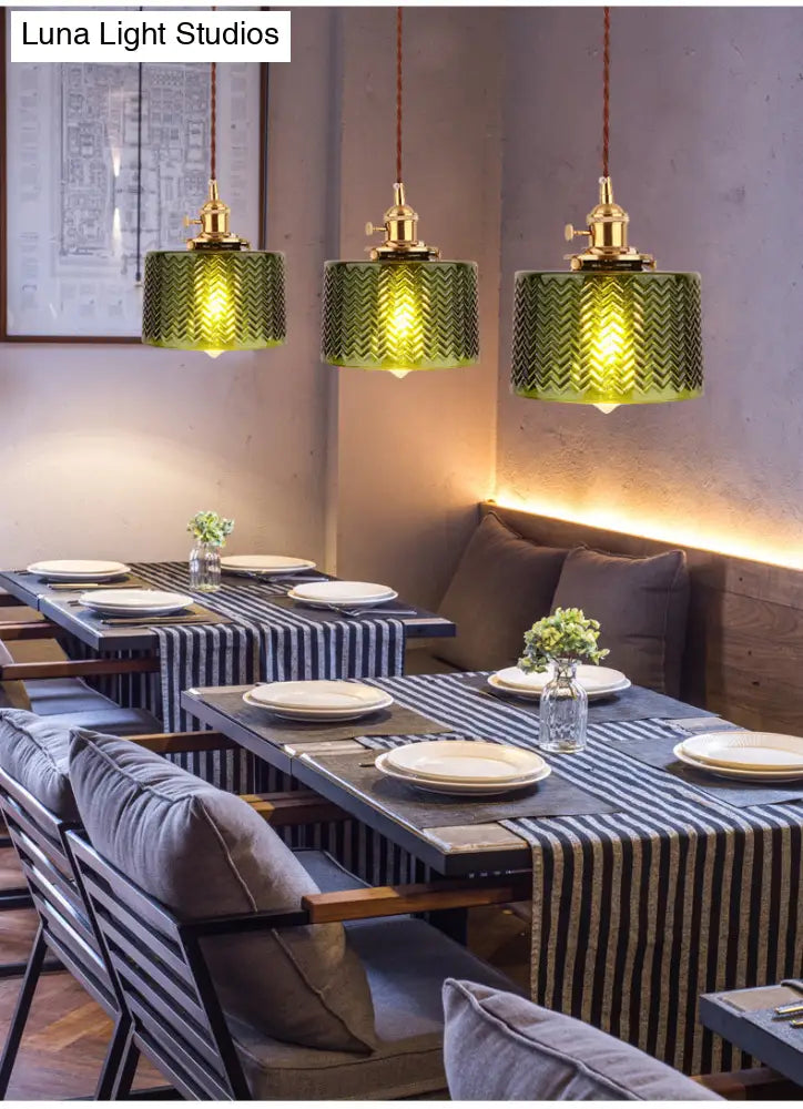 Industrial Cylinder Pendant Light Fixture With Rippled Glass For Bar