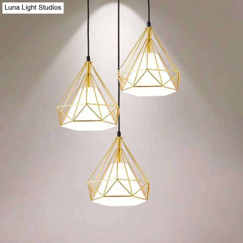 Industrial Diamond Cage Pendant Light With 3 Iron Heads - Stylish Lighting For Dining Room
