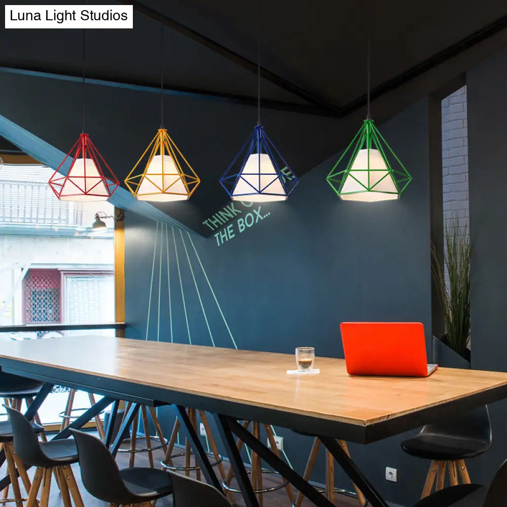 Industrial Diamond Wire Cage Pendant Light With Multi-Colored Shade - 5 Lights