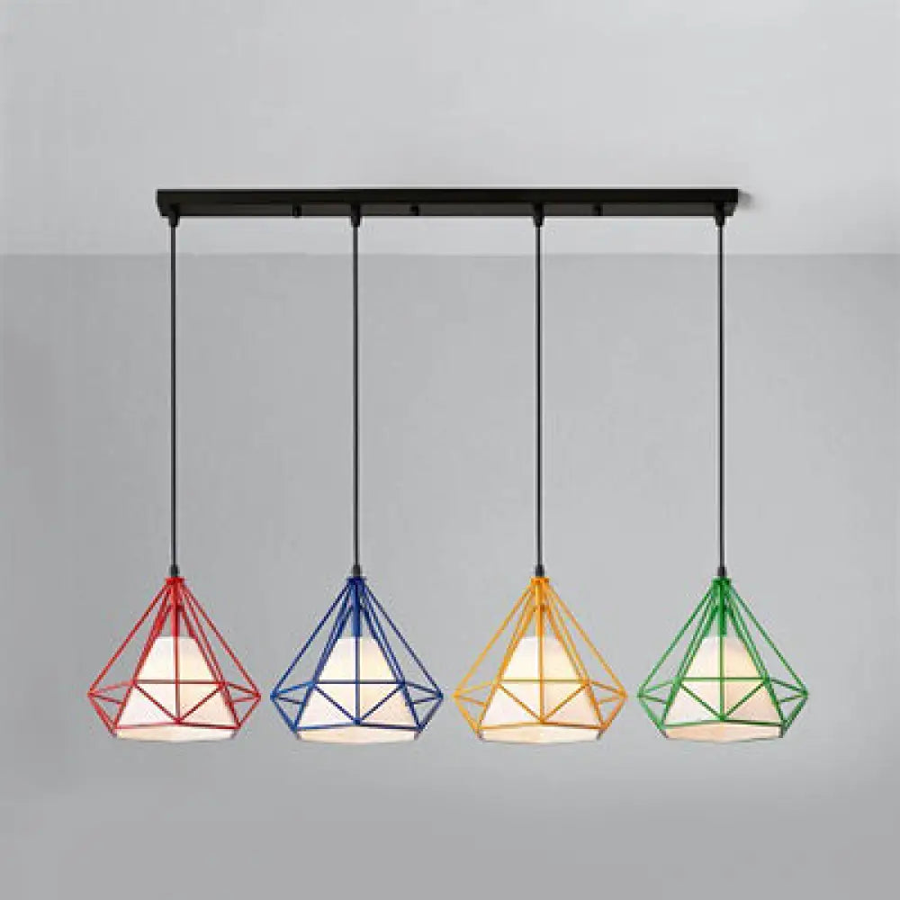 Industrial Diamond Wire Cage Pendant Light With Multi-Colored Shade - 5 Lights Red-Yellow-Blue-Green