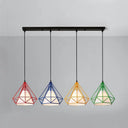 Industrial Diamond Wire Cage Pendant Light With Multi-Colored Shade - 5 Lights Red-Yellow-Blue-Green