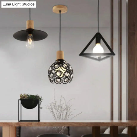 Industrial Dome Hanging Ceiling Light With Crystal Bead Deco - 1 Head Pendant In Black/White For
