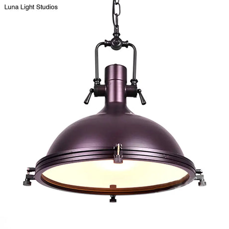 Industrial Dome Hanging Lamp With Frosted Diffuser 1 Light Metal Ceiling In Black/White/Purple For