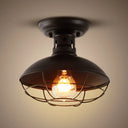 Industrial Dome Metal Ceiling Light With Cage In Black - Single Bulb Semi Flush Mount