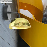Industrial Dome Shade Metal Wall Sconce - 1 Light Downlight With Curved Arm Black/Brass Finish For