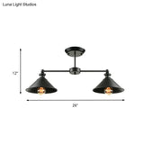 Industrial Double Conic Metallic Semi Flush Mount Ceiling Light With 2 Lights In Black For Dining