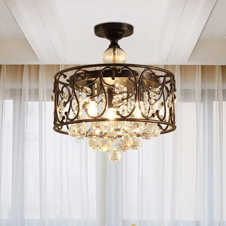 Industrial Drum Metal Ceiling Light Fixture - Antique Copper Semi Flush Mount With Crystal Ball 3