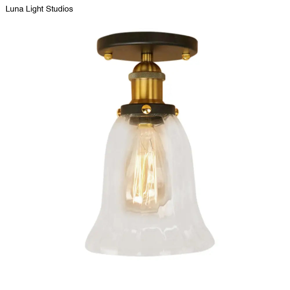 Industrial Flared Glass Semi Flush Mount Light With Clear Bulb In Black/Bronze/Copper