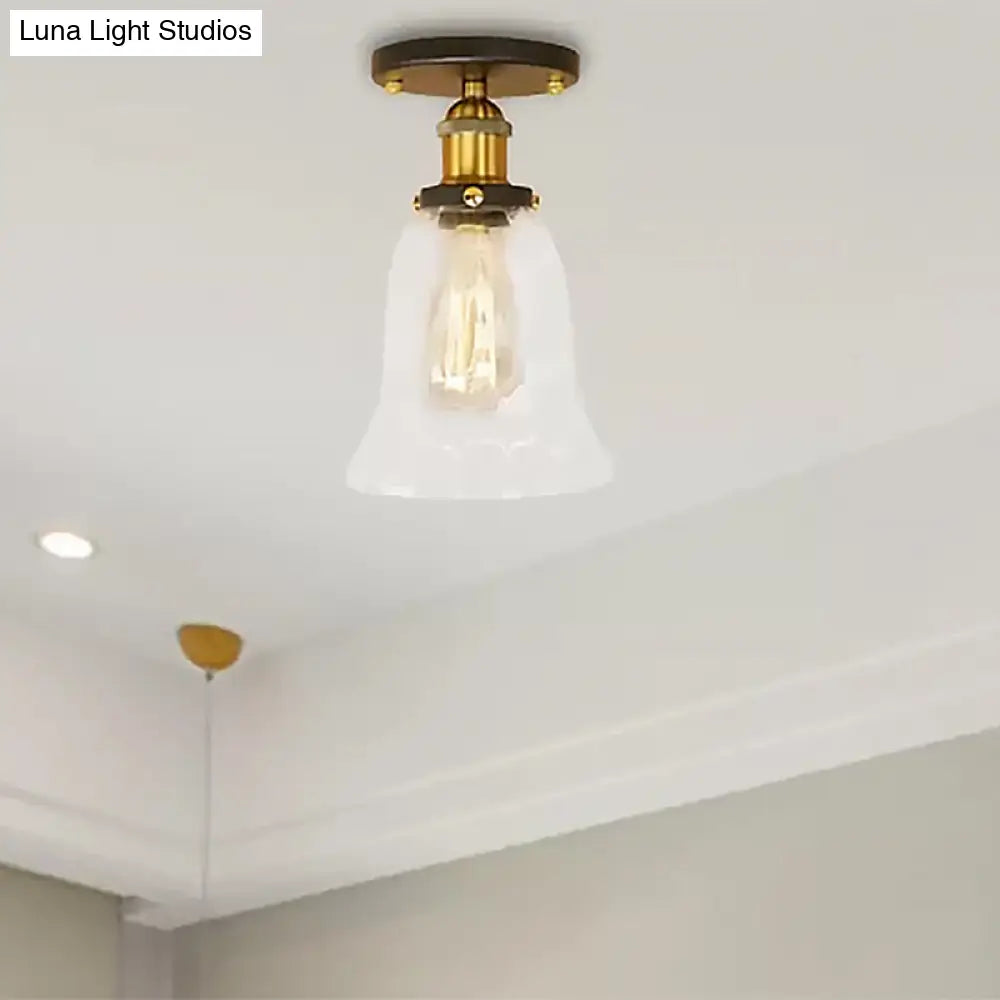 Industrial Flared Glass Semi Flush Mount Light With Clear Bulb In Black/Bronze/Copper