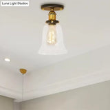 Industrial Flared Glass Semi Flush Mount Light With Clear Bulb In Black/Bronze/Copper