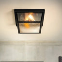 Industrial Flush Ceiling Fixture With Frosted Glass - 2 Lights Black Finish