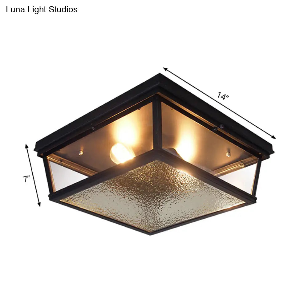 Industrial Flush Ceiling Fixture With Frosted Glass - 2 Lights Black Finish