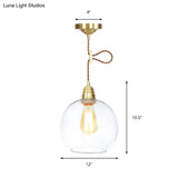 Industrial Globe Pendant Lighting - 1 Light Clear Glass Hanging Lamp In Brass 8’/10’/12’ Wide