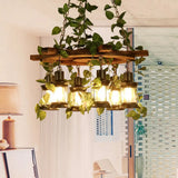 Industrial Green Lantern Wooden Chandelier - Led Restaurant Ceiling Light (3/6/8 Heads)