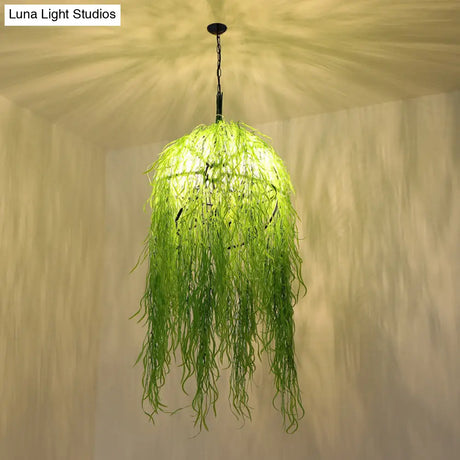Industrial Green Metal Chandelier With Bell Cage Design And Wicker Ornament 18’/21.5’ Wide -