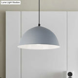 Industrial Grey/Yellow Hanging Lamp With Ribbed Dome Shade - 1 Light 12’/16’ Wide Metal Indoor