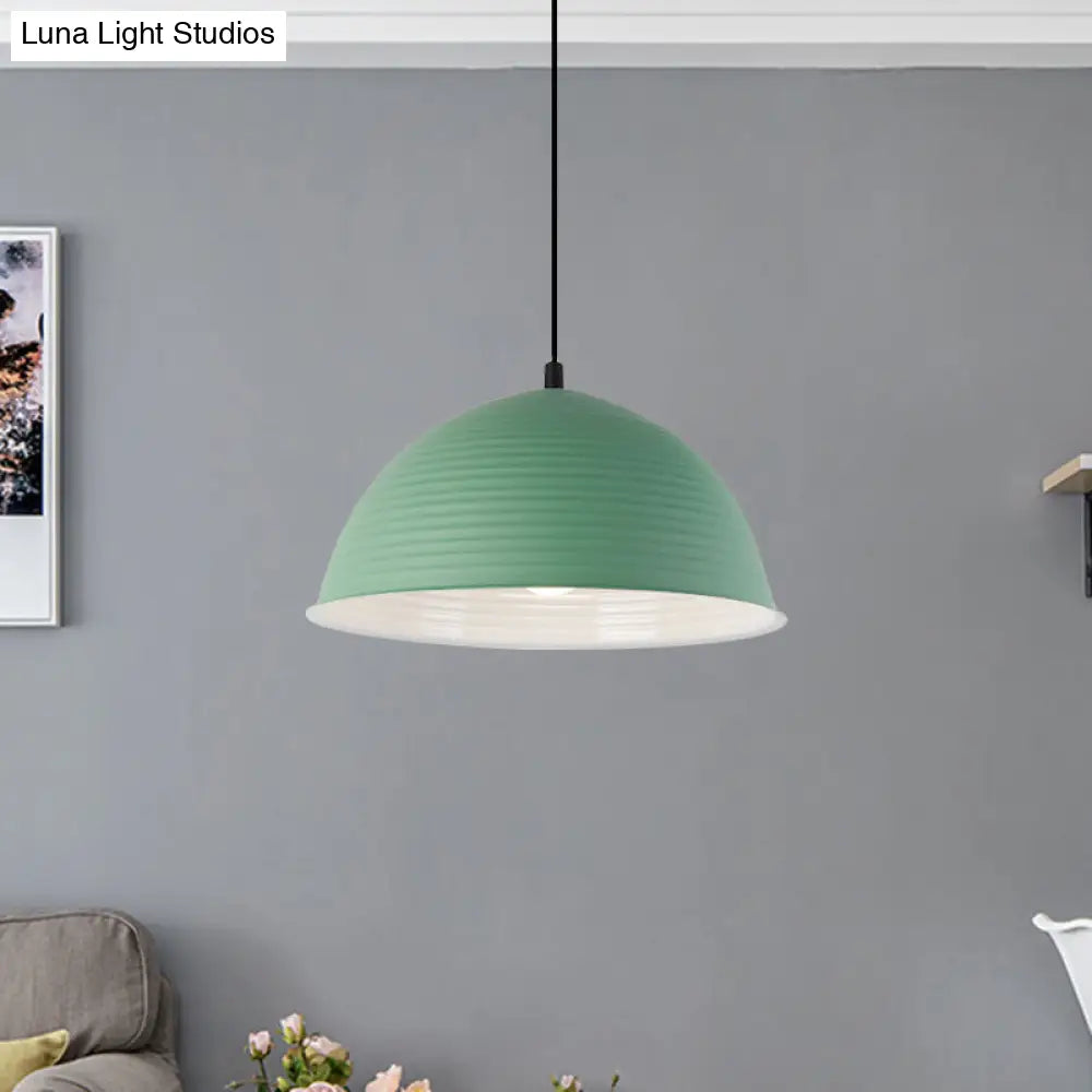Industrial Grey/Yellow Hanging Lamp With Ribbed Dome Shade - 1 Light 12’/16’ Wide Metal Indoor