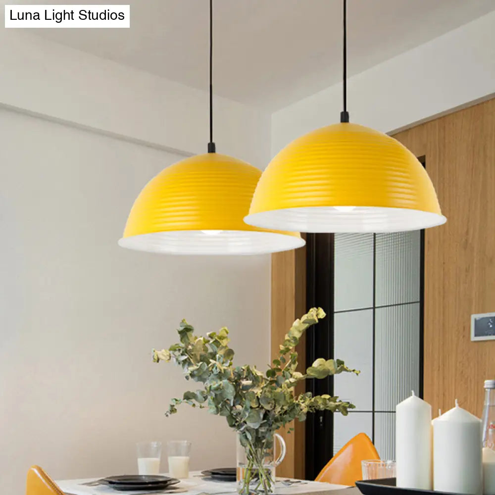 Industrial Grey/Yellow Hanging Lamp With Ribbed Dome Shade - 1 Light 12’/16’ Wide Metal Indoor