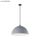 Industrial Grey/Yellow Hanging Lamp With Ribbed Dome Shade - 1 Light 12’/16’ Wide Metal Indoor