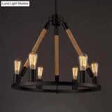 Industrial Hemp Rope Wagon Wheel Chandelier With 6/8 Black Pendant Lights For Living Room Ceiling