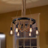 Industrial Iron Cage Chandelier With Hemp Rope - Black 6-Light Pendant Light For Dining Room